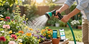 Using the best hose nozzle to water a lush garden filled with colorful plants.
