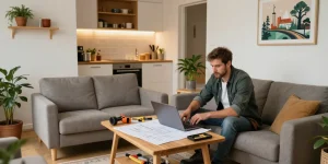 Gemütliche Monteurwohnung Hannover mit Essbereich und Bauunterlagen in entspannter Atmosphäre.