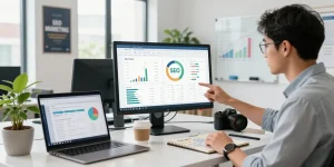 SEO backlink services strategist analyzing metrics in bright office setting.