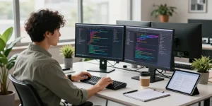 Paper plane app interface on modern workspace with coding elements for 纸飞机中文版.
