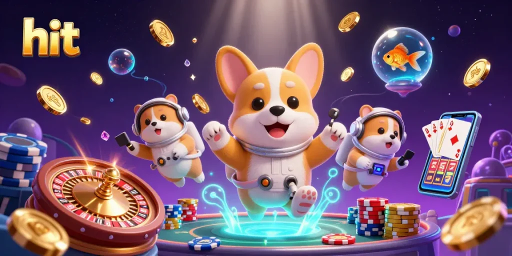Hit the jackpot with a floating casino scene featuring a corgi in space.