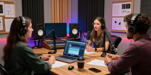 Engaging podcast recording with Brit Morin in a modern studio setting, highlighting rokok88 super innovation.