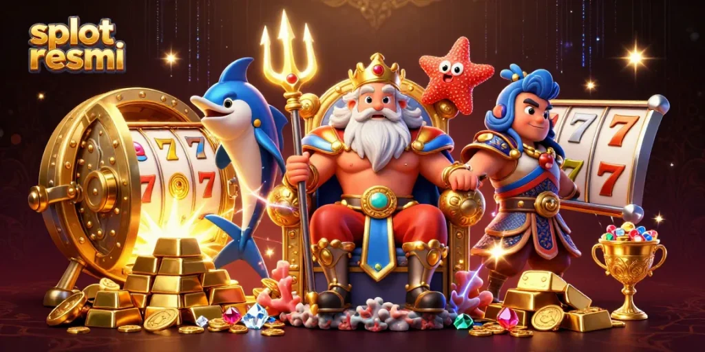 Experience thrilling games at slot resmi, with cartoon Neptune and treasures capturing the excitement of online slots.