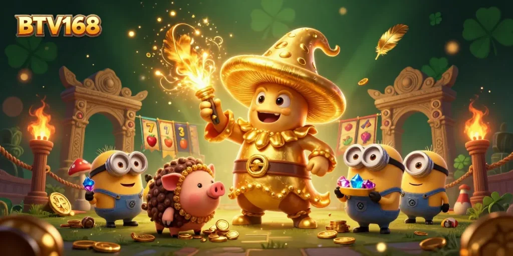 BTV168 offers an exciting golden magic scene of a wizard snatching coins with slot symbols surrounding.