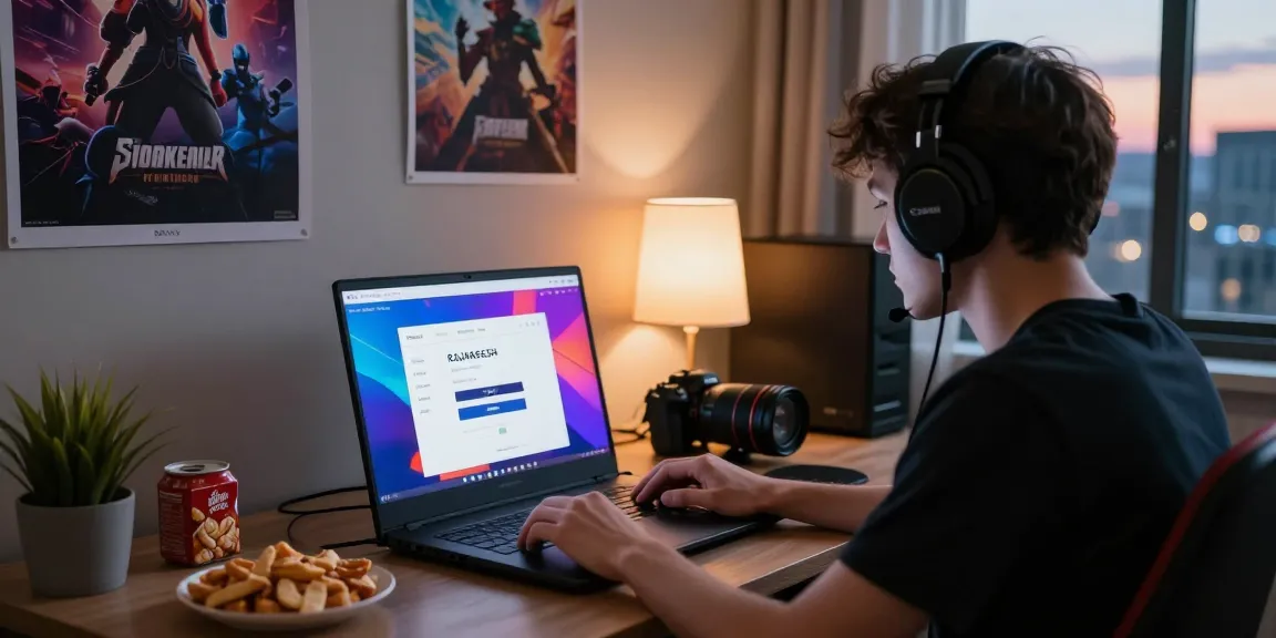 Akses RAJARECEH login dengan mudah di perangkat laptop, suasana santai dengan makanan camilan.