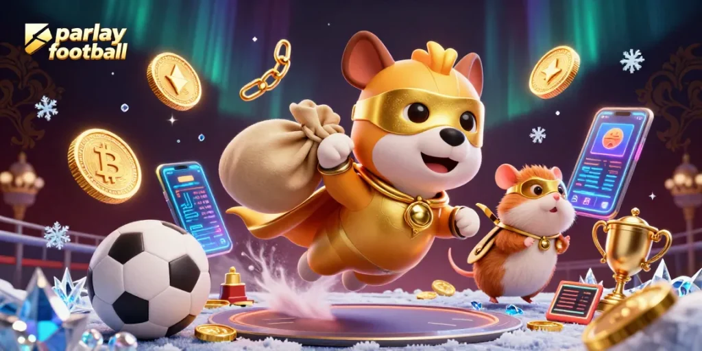 Experience parlay football excitement with a superhero dog and hamster in this vibrant gaming scene.