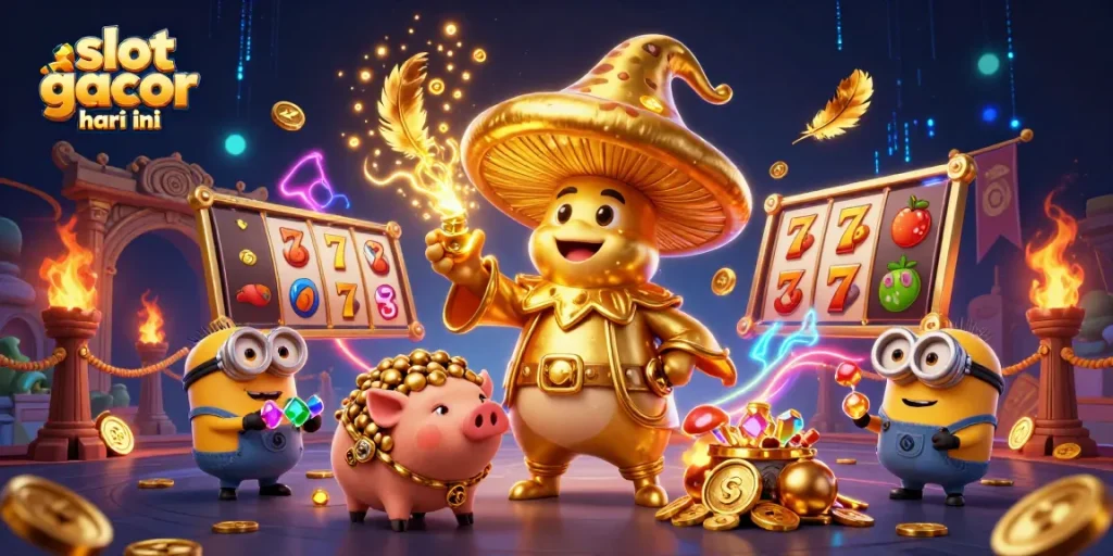 Spin the reels of slot gacor hari ini with magical treasures and jackpot excitement in this vibrant 3D scene.