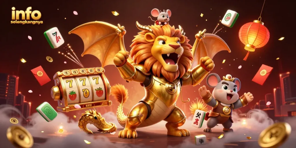 Mengungkap info selengkapnya tentang permainan slot dengan simbol keberuntungan dan karakter unik dalam ilustrasi digital 3D.