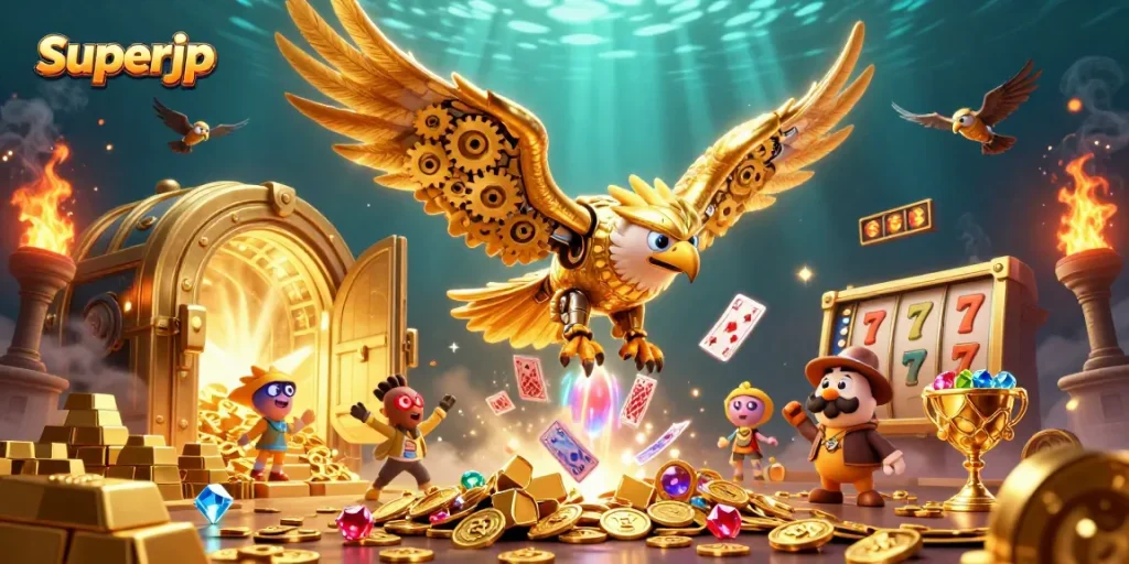 Experience thrilling gameplay with superjp, illustrated casino adventure featuring dynamic characters and rich gold treasures.